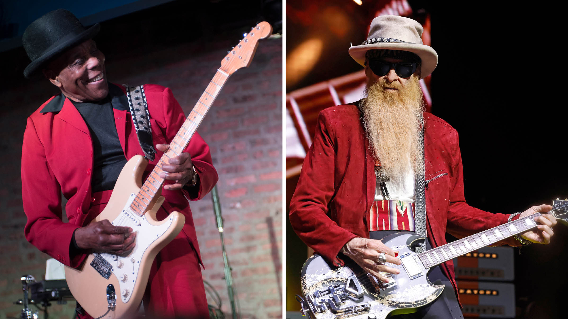 Buddy Guy [left] smiles as he takes a solo on his Fender Stratocaster. He wears a red jacket and black hat. Billy Gibbons [right] wears shades, a wide-brimmed hat and a red blazer as he plays his custom SG-style electric with the V-style headstock.
