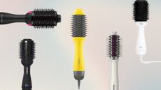 A collage of hair dryer brushes from Revlon, Drybar, Amika, Shark and Bondi Boost, on a pink, yellow and blue gradient template