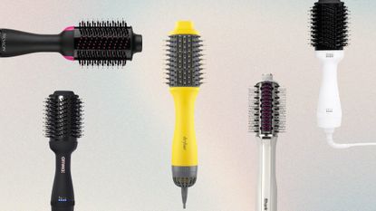 A collage of hair dryer brushes from Revlon, Drybar, Amika, Shark and Bondi Boost, on a pink, yellow and blue gradient template