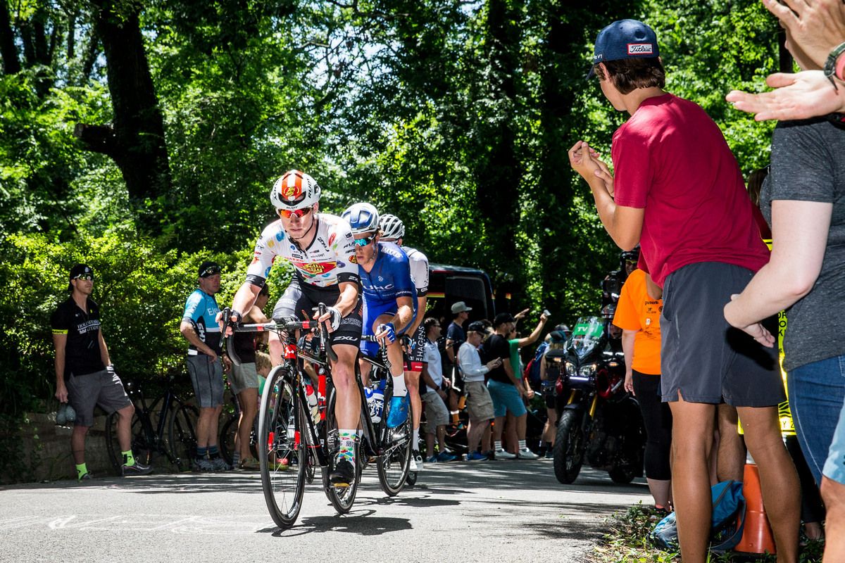 The break crests the top of the climb