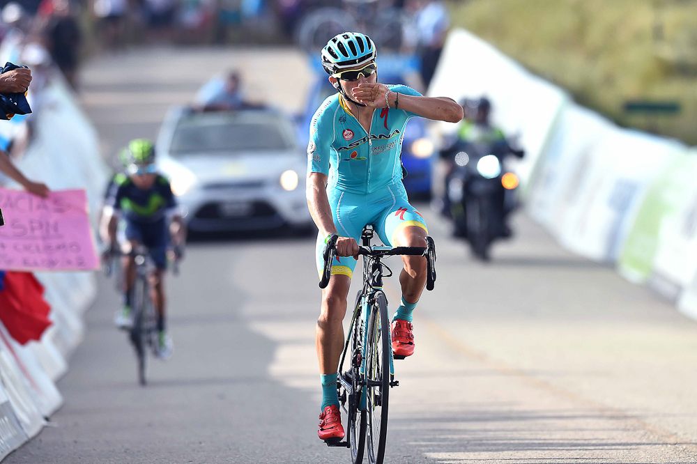 Miguel A. Lopez crosses the finish line to win stage 6 at the Tour de San Luis