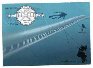 ’Euroafrica connection’ by Giorgio Cattano. A postcard with a drawing of an underwater pipeline with divers around it.