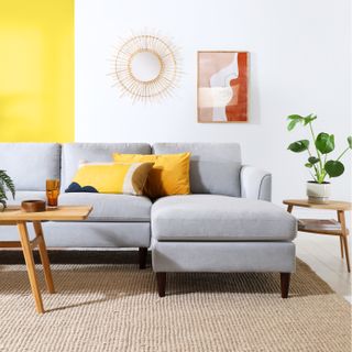 grey sofa in white living room with rug on floor