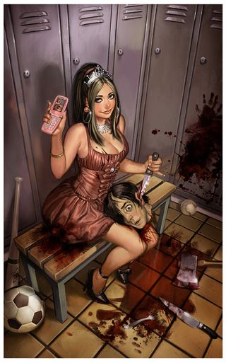 An image of a girl with a severed head by one of the best horror artists