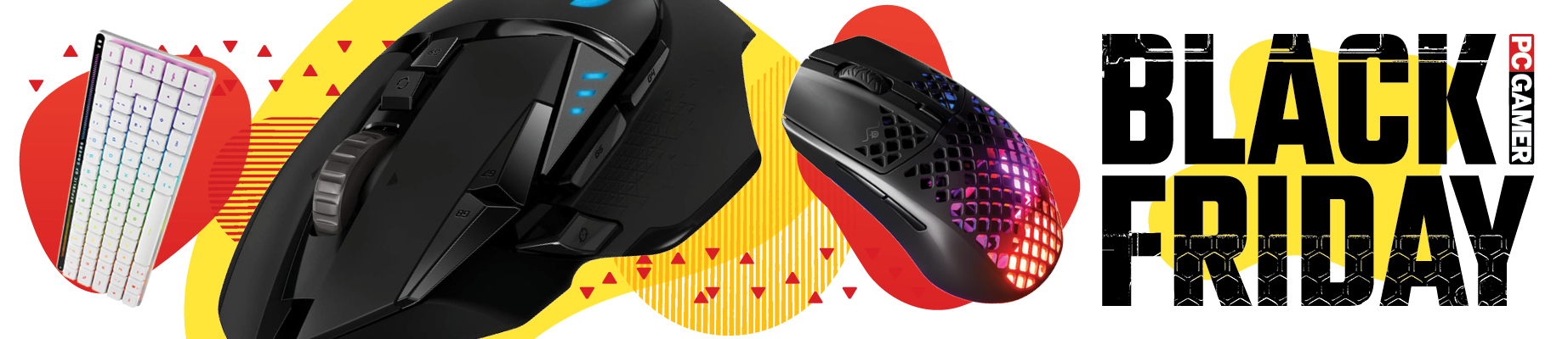 Black Friday banner image with a selection of mice and a keyboard featured