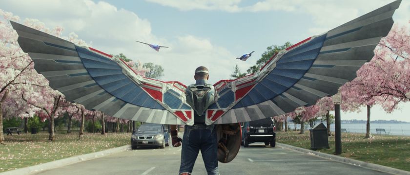 Captain America/Sam Wilson (Anthony Mackie) with his wings spread in Captain America: Brave New World