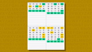 Quordle daily sequence answers for game 684 on a yellow background