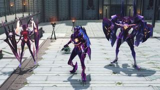 Three purple characters stand side by side