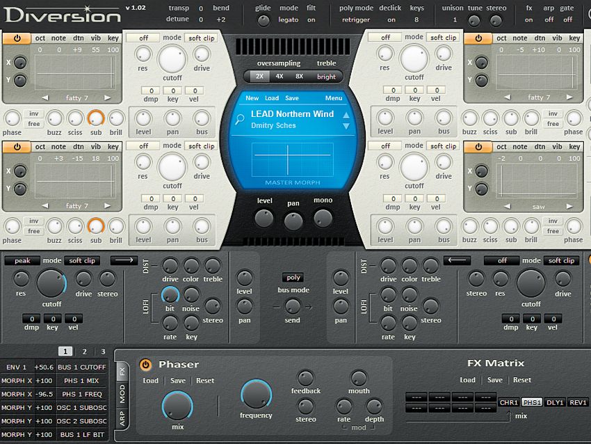 The flexible arpeggiator and trance gate can be called up for editing in the lower panel.