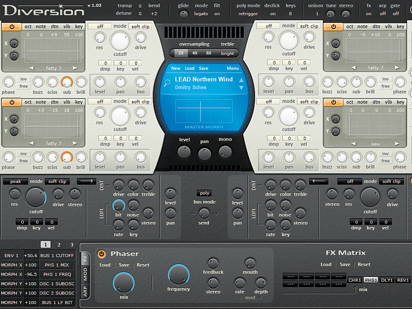 The flexible arpeggiator and trance gate can be called up for editing in the lower panel.