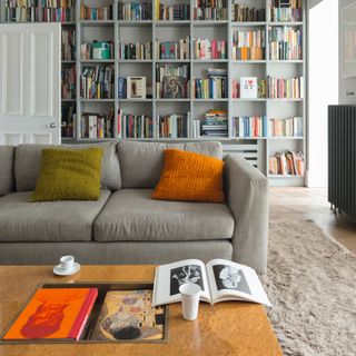 Grey sofa with green and orange cushion, coffee table, and bookcase shelves