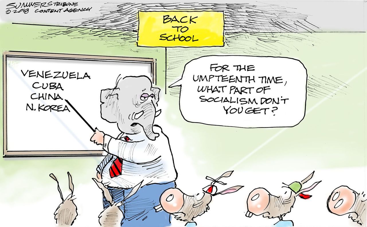 Political cartoon U.S. Back to school GOP Democrats socialism Venezuela Cuba China North Korea