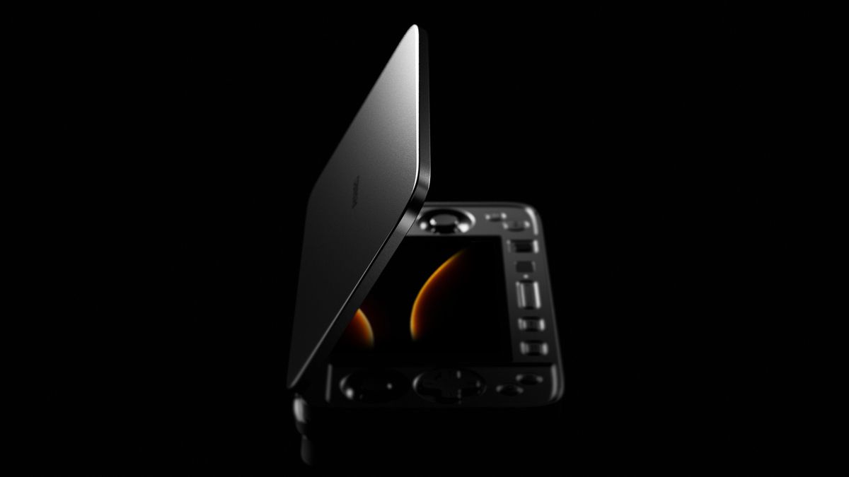 Ayaneo Flip 1S DS on a white background with the screen displaying a black and orange effect.