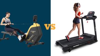 Rowing Machines vs Treadmills: Which is best for home use? Image shows a rowing machine compared to a treadmill