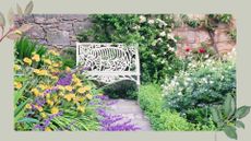 Walled garden with a metal bench nestled in amongst flowers to support the chelsea chop benefits