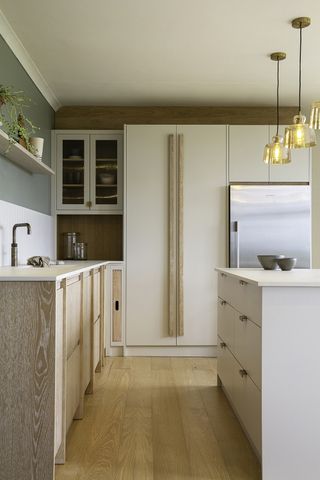 Bright modern kitchen with light wood grain cabinets and a pale green wall
