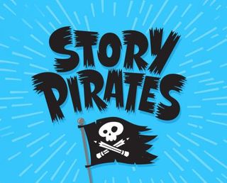 "Story Pirates" with a skull and crossed pencils pirate flag.