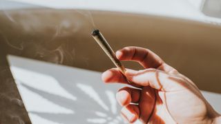 Hand holding a joint in a sunny home environment. Cannabis plant casts a shadow onto a white table behind.