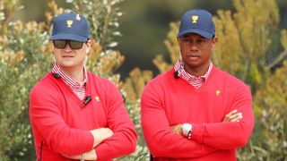 Zach Johnson and Tiger Woods during the 2019 Presidents Cup in Melbourne