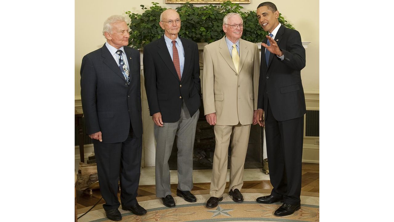 The Apollo 11 crew meets President Barack Obama. From the left, astronauts Buzz Aldrin, Michael Collins and Neil Armstrong.