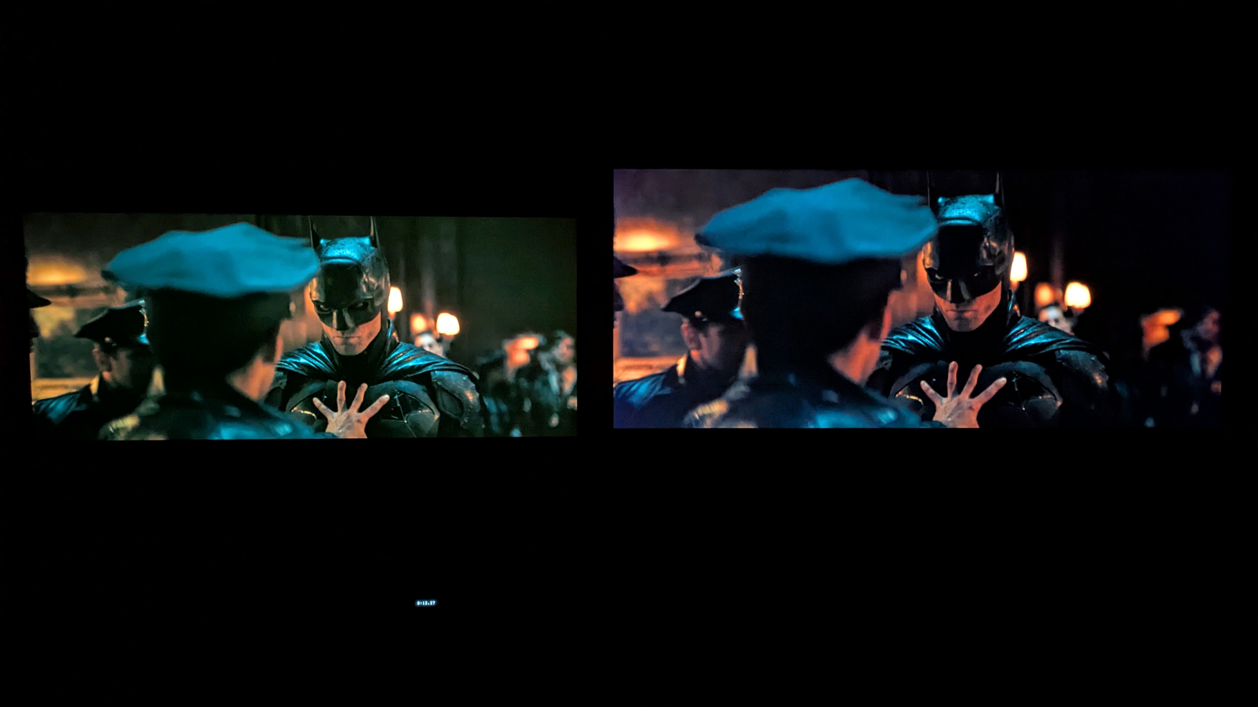 LG B5 (left) and Samsung S85F (right) showing The Batman on screen