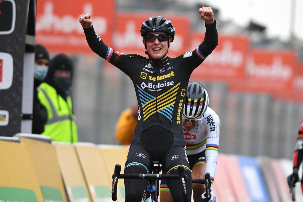 Dutch Lucinda Brand celebrates as she crosses the finish line to win the women Elite race of the seventh stage out of eight in the World Cup cyclocross Saturday 26 December 2020 in HeusdenZolder Belgium BELGA PHOTO DAVID STOCKMAN Photo by DAVID STOCKMANBELGA MAGAFP via Getty Images
