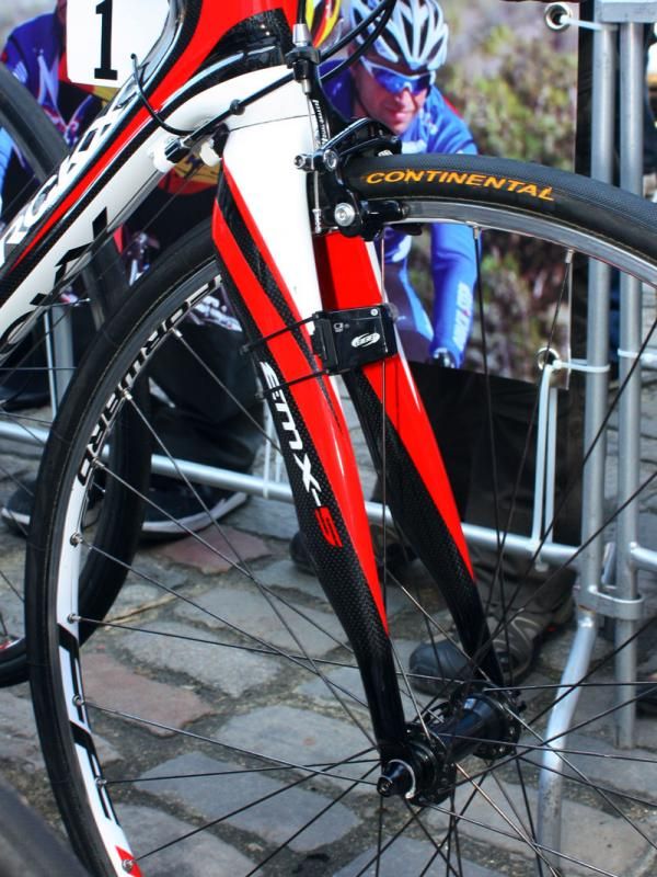 Tom Boonen's (Quick Step) Eddy Merckx fork was built with a little extra clearance to fit bigger tubular tires.