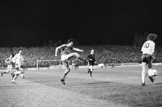 UEFA Cup Semi Final First Leg match at the City Ground. Nottingham Forest 2 v Anderlecht 0. Peter Davenport unleashes a power drive during the home leg win, 11th April 1984.