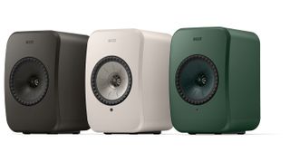 KEF LSX II LT speakers in black, white and sage green finishes
