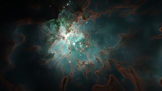 Clouds of bright gases swirl in deep space in an illustration produced by the simulation software Starforge.