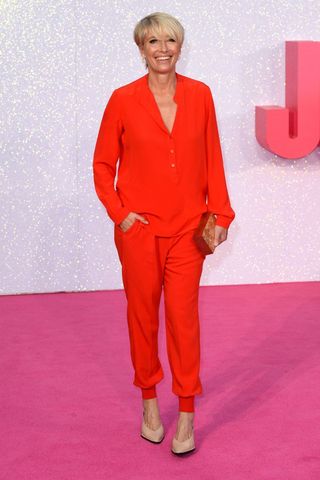 Emma Thompson wearing a red co-ord