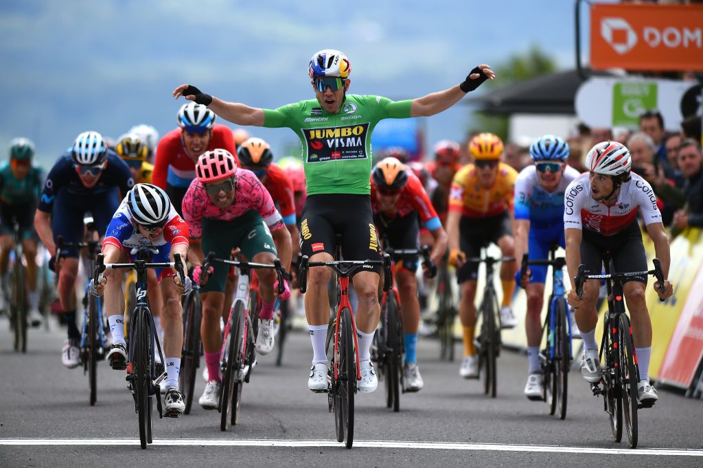 CHASTREIXSANCY FRANCE JUNE 07 LR Stage winner David Gaudu of France and Team Groupama FDJ Wout Van Aert of Belgium and Team Jumbo Visma Green Points Jersey and Victor Lafay of France and Team Cofidis sprint at finish line during the 74th Criterium du Dauphine 2022 Stage 3 a 169km stage from SaintPaulien to ChastreixSancy 1391m WorldTour Dauphin on June 07 2022 in ChastreixSancy France Photo by Dario BelingheriGetty Images