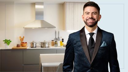 composite of Iwan Carrington cut out with kitchen and extractor fan behind