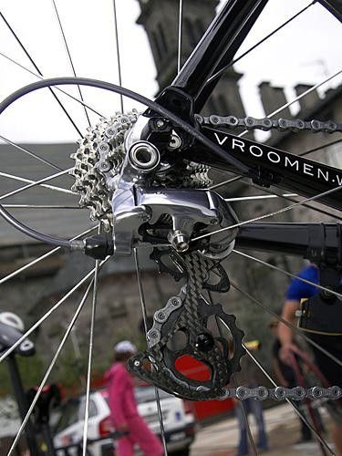 Swiss CSC-Saxo Bank strongman Fabian Cancellara is using a one-off carbon fiber derailleur cage and carbon fiber pulleys on his Cerv&eacute;lo. According to team mechanic Alejandro Tullalbo, the setup requires 2cm more chain but runs with less friction than conventional setups. Other team riders may adopt the setup as well.