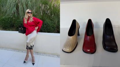a photo of Morgan Stewart wearing cap-toe Chanel pumps and a photo of three Proenza Schouler eel-printed high-vamp heels featuring the biggest spring 2026 shoe trends