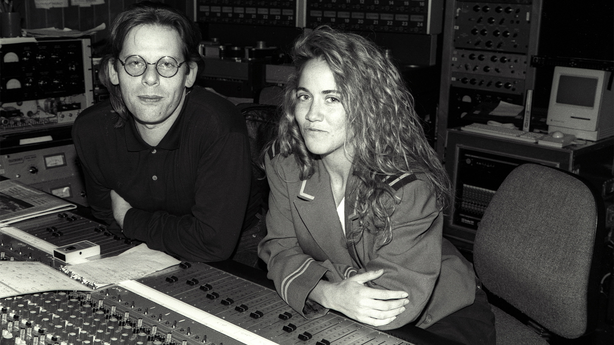 Sheryl Crow and producer Hugh Padgham pose for a photo at A &amp;amp; M Studios in Hollywood, California, during work for her abortive debut album, October 14, 1991