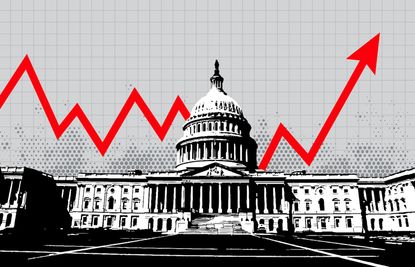 digital rendition of capitol building in washington dc with a red stock market line going up and down