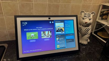 Amazon Echo Show on a counter displaying