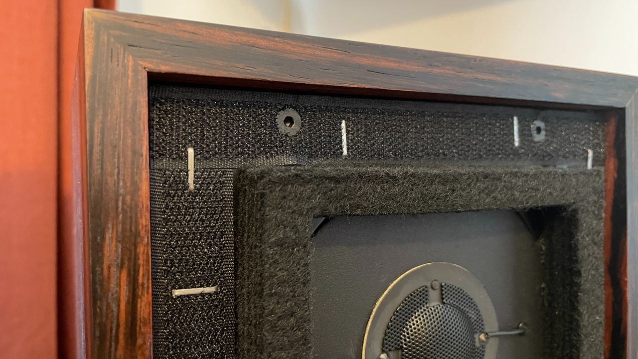 Musical Fidelity LS3/5A close up of foam, velcro and cabinet edge