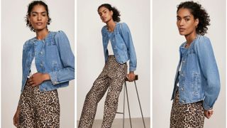 Trio of images of woman wearing denim jacket