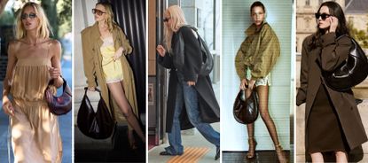 a collage of celebrities carrying the saint laurent mombasa bag