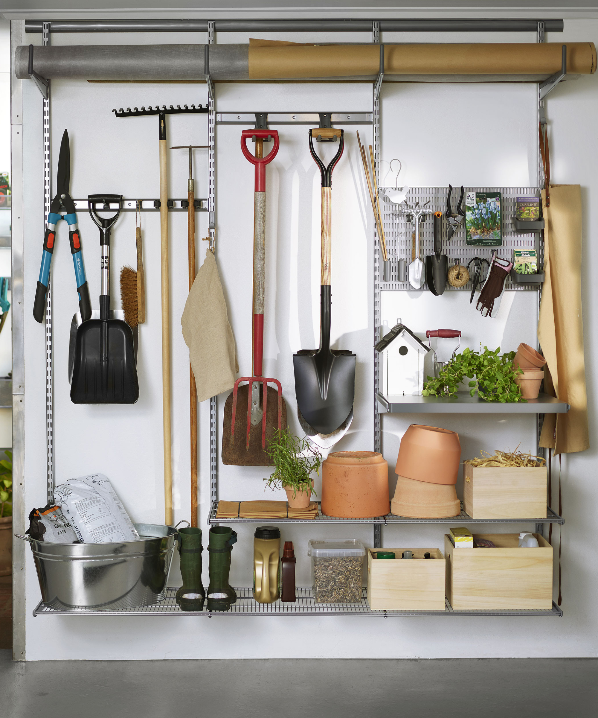 metal garage racking with gardening kit