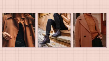 collage image of three street-style shots with women wearing stylish winter outfits featuring capsule wardrobe 2023 staples like coats, sweaters and boots on a light peach background