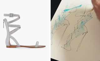 Two images, Left-Ankle strap sandal, Right- Design sketch of shoes