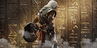An assassin stands in front of hieroglyphs.