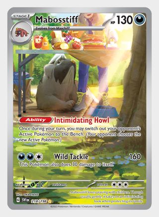 A Mabostiff sits beneath a picnic table laden with sandwiches and condiments on this card for the Pokemon TCG: Scarlet & Violet