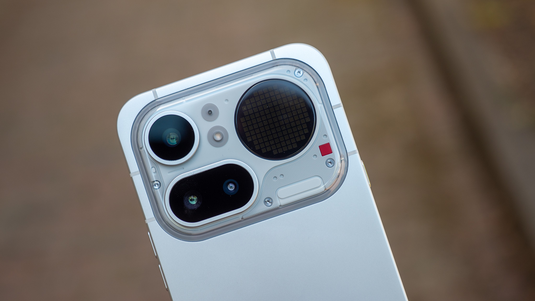 A close-up look at the camera island on the back of the Nothing Phone 4a Pro