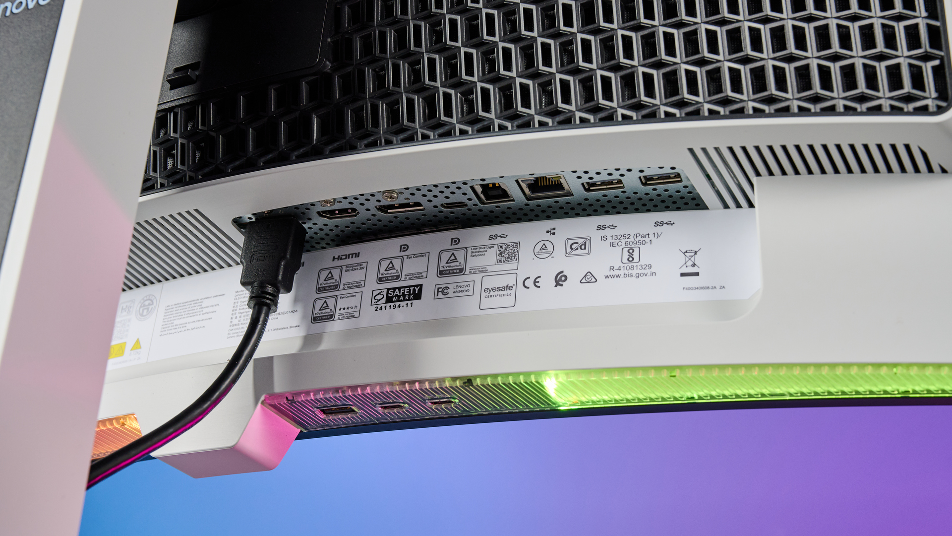 The ports on the underside of the Lenovo Legion Pro 34WD-10 gaming monitor