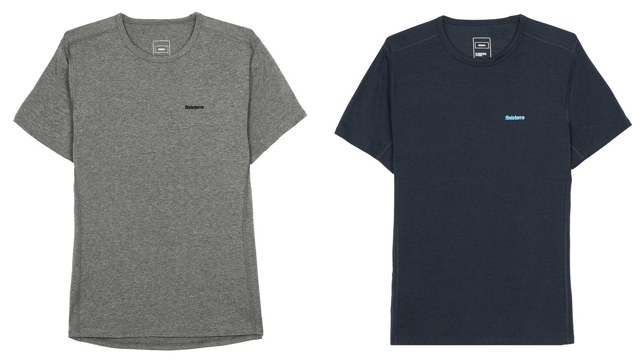Finisterre Bora Bamboo base layer, grey and navy colourways, on white background