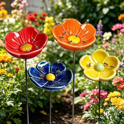 Ceramic Bee Watering Station for Garden, Blossom Water Cups for Bees&amp;#65292;4